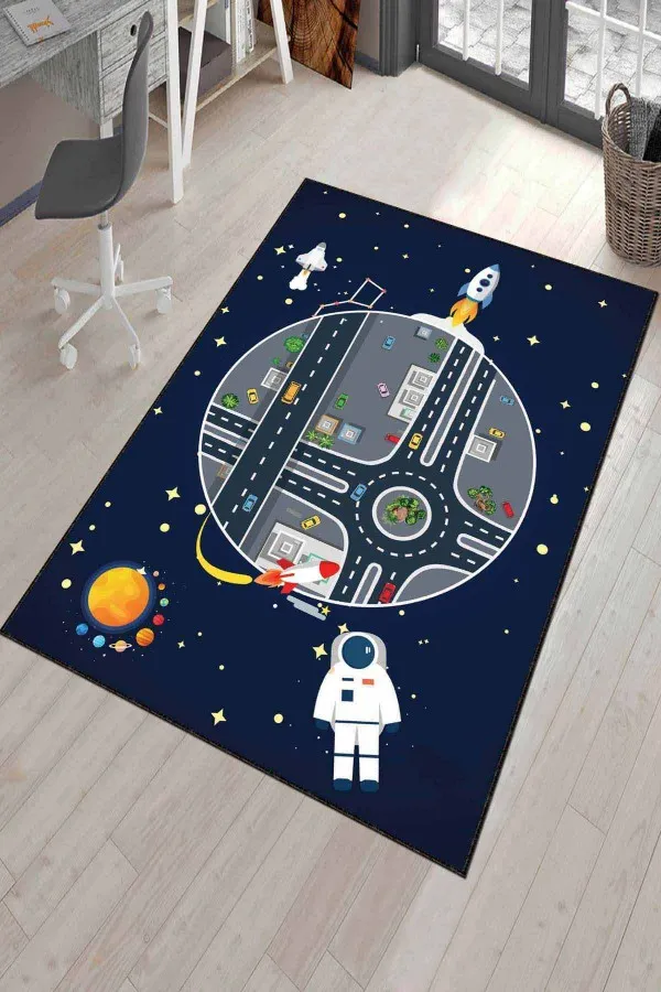 Çoçuk Odası Halı Fiyatları Lacivert Kaymaz Tabanlı Uzay Astronotlu Çocuk Halısı AR323