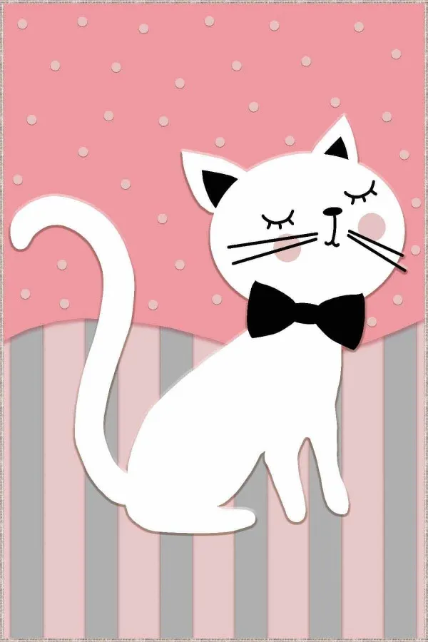 Kedi Desenli Halı Pembe Kaymaz Tabanlı Yıkanabilir Kedili Çocuk Halısı KD005