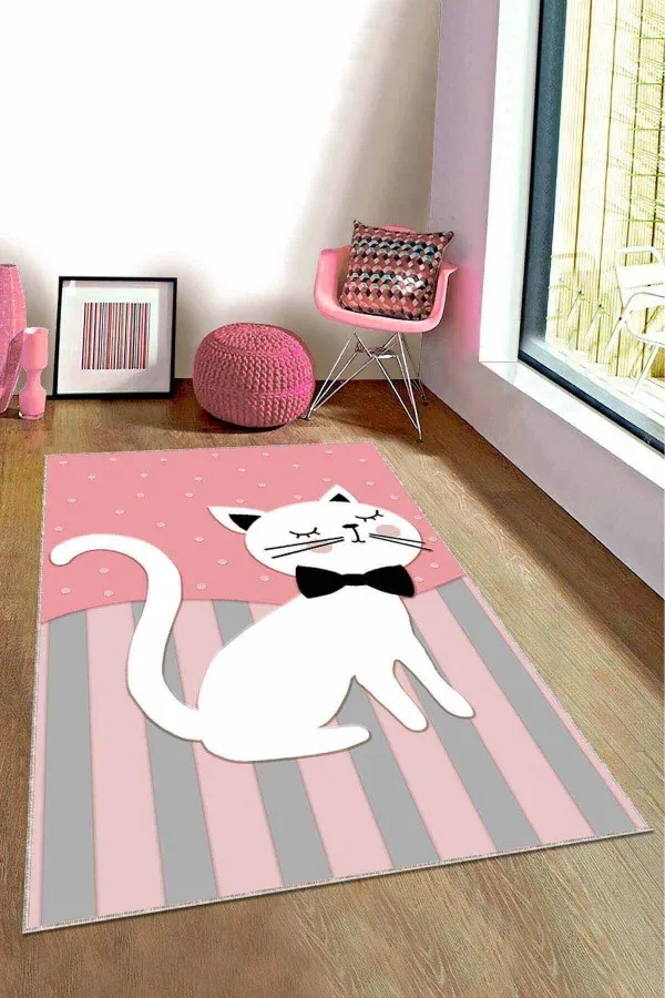 Kedi Desenli Halı Pembe Kaymaz Tabanlı Yıkanabilir Kedili Çocuk Halısı KD005