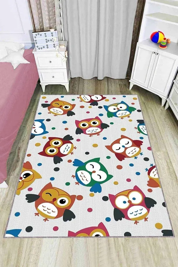 Çoçuk Odası Halı Fiyatları Çok Renkli Kaymaz Tabanlı Baykuşlu Çocuk Halısı KD055