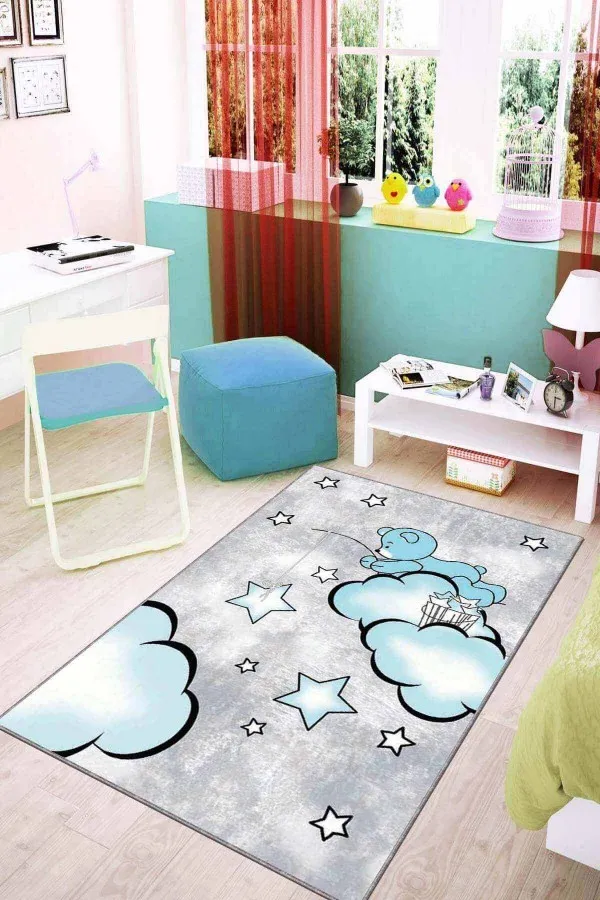 Çocuk Halısı Erkek Mavi Kaymaz Tabanlı Yıkanabilir Ayıcıklı Çocuk Halısı KD24