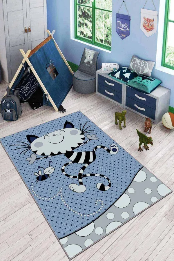 Çoçuk Halı Modelleri Mavi Kaymaz Tabanlı Yıkanabilir Kedili Çocuk Halısı KD47