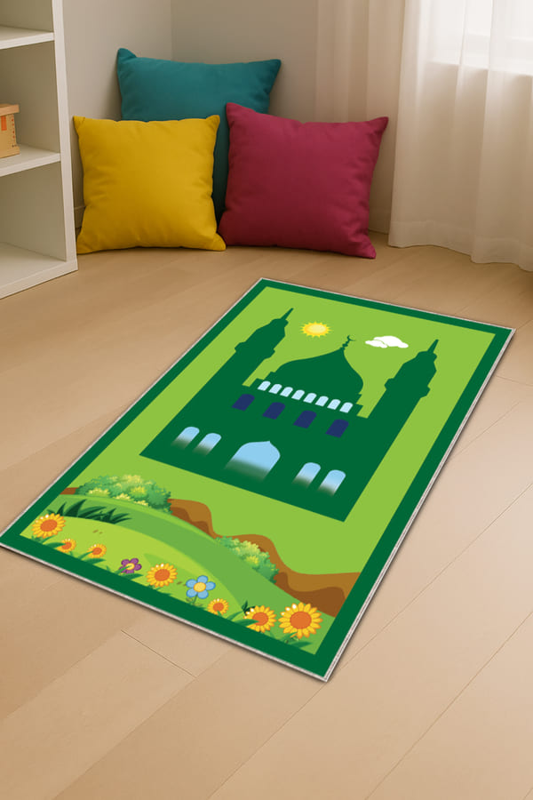 İsme Özel Çocuk Seccadesi Yeşil Cami Temalı Unisex Çocuk Seccadesi CS06