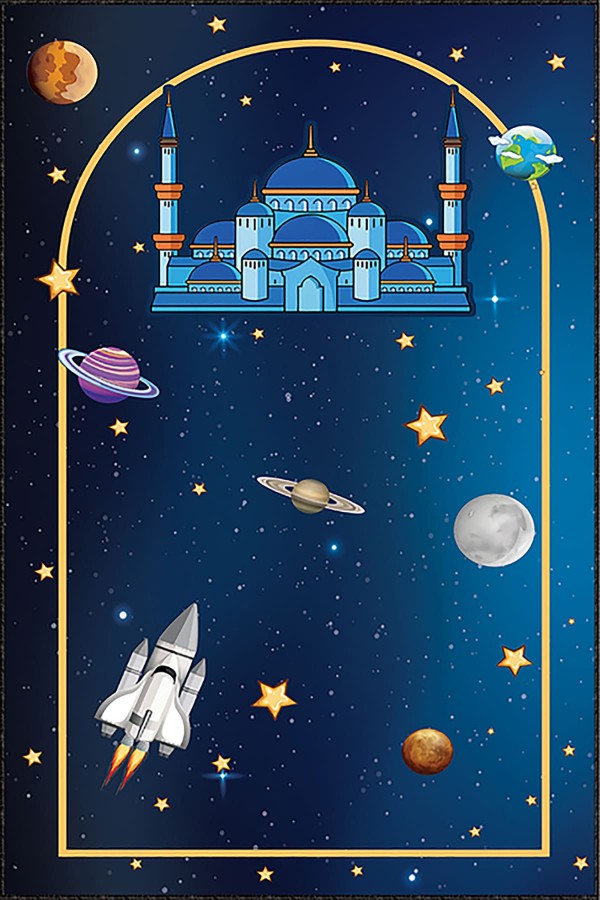 Çocuk Namaz Seccadesi Lacivert Uzay Temalı Unisex Çocuk Seccadesi CS09