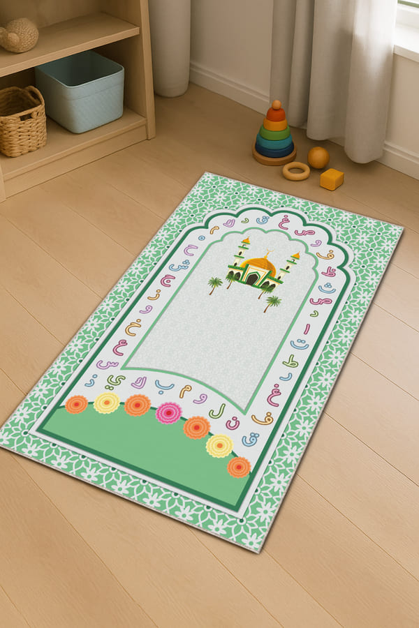 Seccade Çocuk Su Yeşili Harfli Unisex Çocuk Seccadesi CS27
