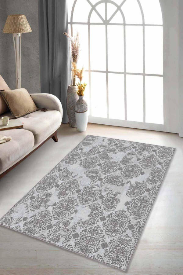 Kahverengi Damask Desen Kaymaz Tabanlı Dekoratif Halı AL002