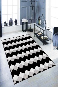 Siyah Zigzag Kaymaz Tabanlı Makinede Yıkanabilir Halı AR324 Siyah Zigzag Kaymaz Tabanlı Makinede Yıkanabilir Halı AR324