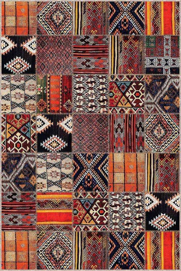 Turuncu Patchwork Kaymaz Tabanlı Dekoratif Halı AR750