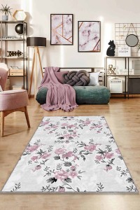Pembe Çiçekli Kaymaz Tabanlı Makinede Yıkanabilir Halı BH007