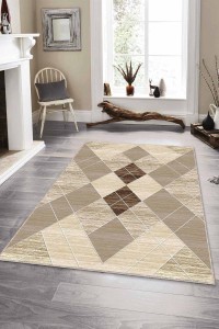 Bej Geometrik Kaymaz Tabanlı Makinede Yıkanabilir Halı DD008