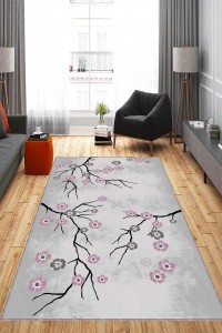 Pembe Çiçekli Kaymaz Tabanlı Makinede Yıkanabilir Halı FW007