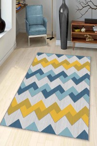 Sarı Turkuaz Zigzag Kaymaz Tabanlı Dekoratif Halı KN002 Sarı Turkuaz Zigzag Kaymaz Tabanlı Dekoratif Halı KN002