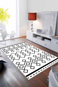 Beyaz Siyah Etnik Desenli Kaymaz Taban Dekoratif Halı MRC03 Beyaz Siyah Etnik Desenli Kaymaz Taban Dekoratif Halı MRC03