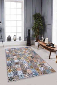 Mavi Çini Desen Kaymaz Taban Makinede Yıkanabilir Halı MX03 Mavi Çini Desen Kaymaz Taban Makinede Yıkanabilir Halı MX03