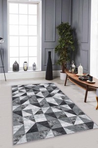 Gri Geometrik Kaymaz Tabanlı Makinede Yıkanabilir Halı PR03 Gri Geometrik Kaymaz Tabanlı Makinede Yıkanabilir Halı PR03