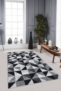 Siyah Geometrik Kaymaz Taban Makinede Yıkanabilir Halı PR04 Siyah Geometrik Kaymaz Taban Makinede Yıkanabilir Halı PR04