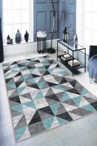 Turkuaz Geometrik Kaymaz Tabanlı Dekoratif Halı PR08 Turkuaz Geometrik Kaymaz Tabanlı Dekoratif Halı PR08