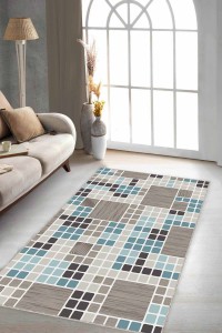 Turkuaz Geometrik Kaymaz Tabanlı Dekoratif Halı PUZ04 Turkuaz Geometrik Kaymaz Tabanlı Dekoratif Halı PUZ04