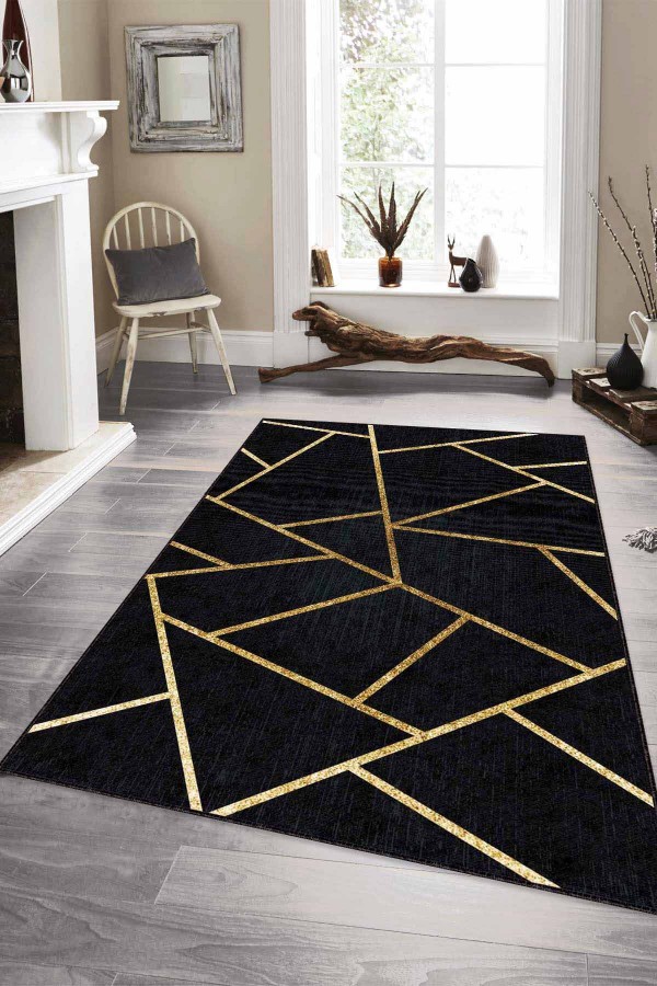 Siyah Gold Geometrik Kaymaz Tabanlı Dekoratif Halı RV161