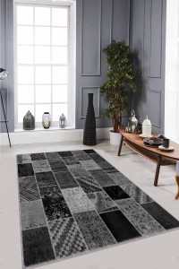 Gri Patchwork Kaymaz Tabanlı Makinede Yıkanabilir Halı RV222 Gri Patchwork Kaymaz Tabanlı Makinede Yıkanabilir Halı RV222