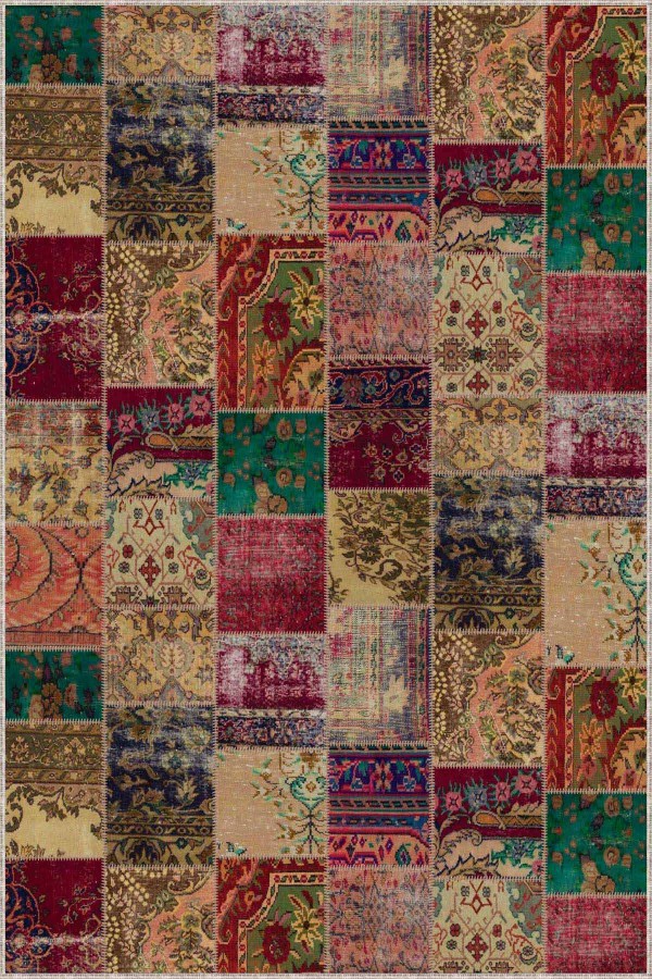 Çok Renkli Patchwork Kaymaz Tabanlı Dekoratif Halı RV223