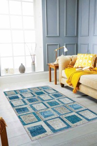 Turkuaz Patchwork Kaymaz Tabanlı Dekoratif Halı RV224 Turkuaz Patchwork Kaymaz Tabanlı Dekoratif Halı RV224