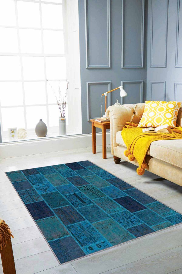 Turkuaz Patchwork Kaymaz Tabanlı Dekoratif Halı RV225