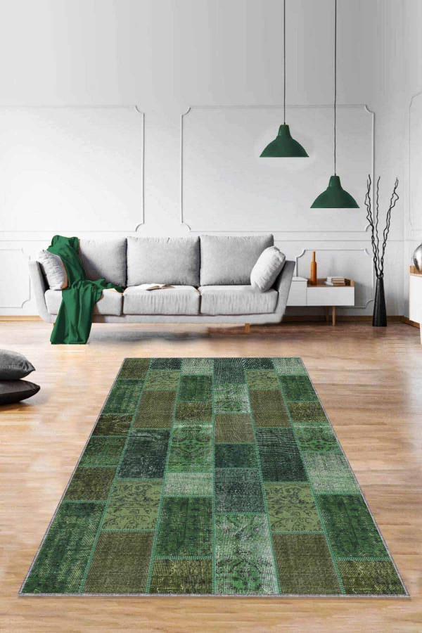 Yeşil Patchwork Kaymaz Taban Makinede Yıkanabilir Halı RV226