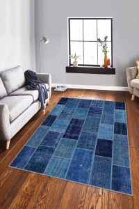 Mavi Patchwork Kaymaz Taban Makinede Yıkanabilir Halı RV228 Mavi Patchwork Kaymaz Taban Makinede Yıkanabilir Halı RV228
