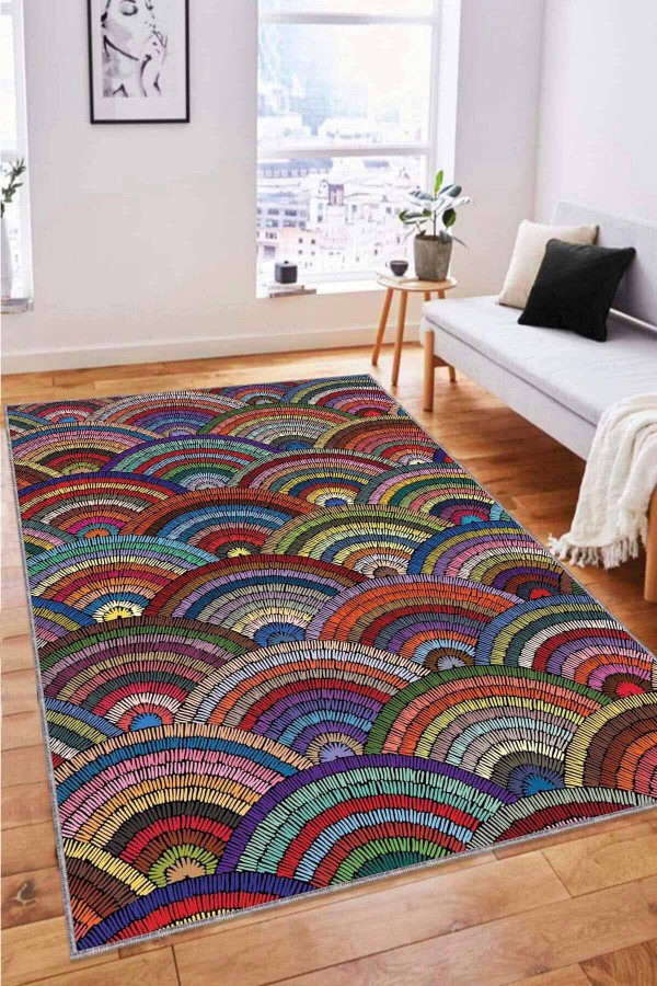 Çok Renkli Colorful Kaymaz Tabanlı Dekoratif Halı RV252