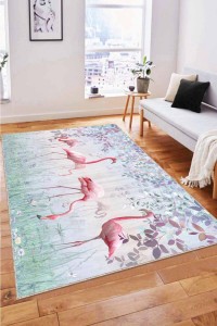 Turkuaz Flamingo Desen Kaymaz Tabanlı Dekoratif Halı RV326 Turkuaz Flamingo Desen Kaymaz Tabanlı Dekoratif Halı RV326