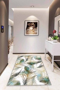 Turkuaz Yapraklı Kaymaz Tabanlı Dekoratif Halı RV349 Turkuaz Yapraklı Kaymaz Tabanlı Dekoratif Halı RV349