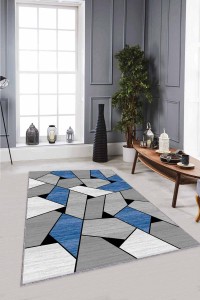 Mavi Geometrik Kaymaz Tabanlı Makinede Yıkanabilir Halı WL07 Mavi Geometrik Kaymaz Tabanlı Makinede Yıkanabilir Halı WL07
