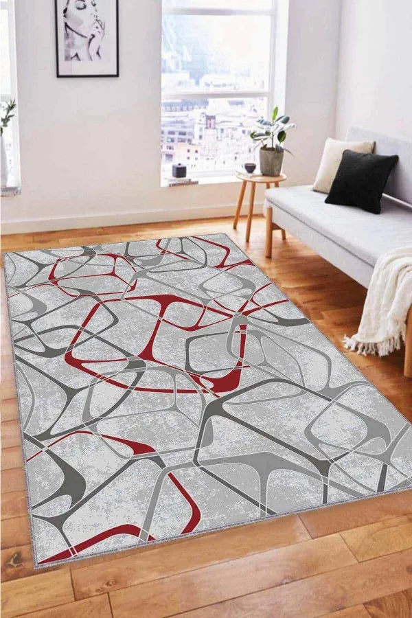 Gri Kırmızı Halı Kırmızı Geometrik Kaymaz Tabanlı Dekoratif Halı LK004