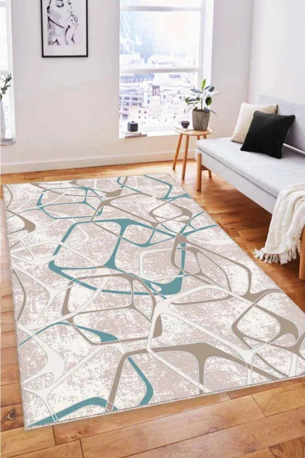 Turkuaz Koltuğa Uygun Halı Rengi Turkuaz Geometrik Kaymaz Tabanlı Dekoratif Halı LK008