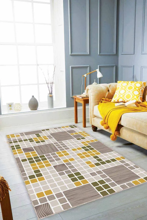 Vizon Yeşil Halı Yeşil Sarı Geometrik Kaymaz Tabanlı Dekoratif Halı PUZ05