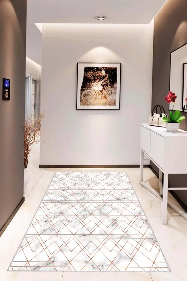 Mermer Desenli Salon Halısı Siyah Mermer Görünümlü Kaymaz Tabanlı Dekoratif Halı RV021