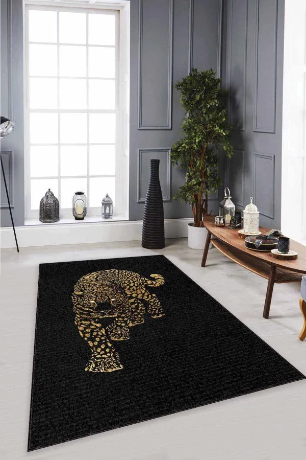 Gold Rengi Halı Modelleri Gold Leopar Kaymaz Tabanlı Makinede Yıkanabilir Halı RV365