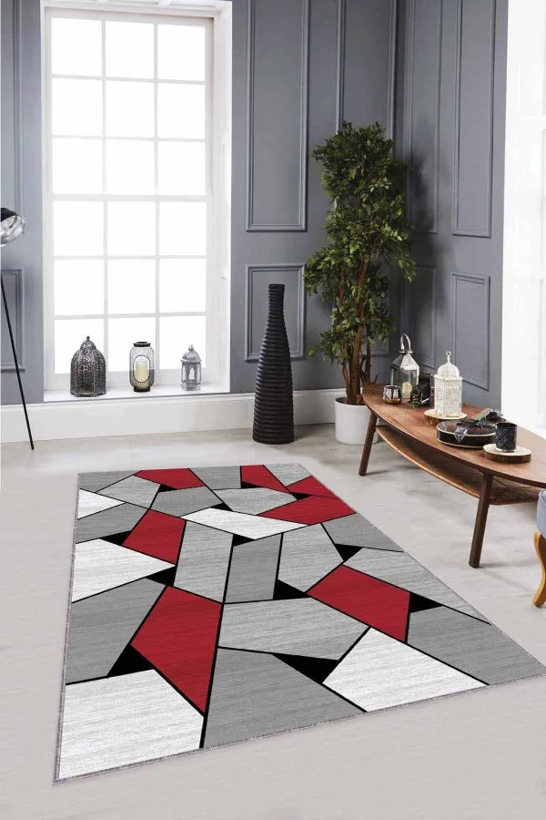 Gri Kırmızı Halı Kırmızı Geometrik Kaymaz Tabanlı Dekoratif Halı WL06