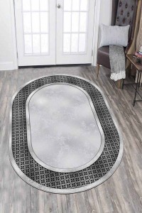 Gri Çerçeveli Kaymaz Tabanlı Yıkanan Oval Halı AR735 Gri Çerçeveli Kaymaz Tabanlı Yıkanan Oval Halı AR735