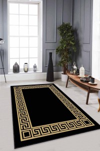 Siyah Gold Çerçeveli Kaymaz Tabanlı Dekoratif Halı AR136 Siyah Gold Çerçeveli Kaymaz Tabanlı Dekoratif Halı AR136