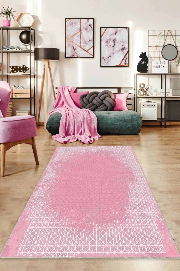 Pembe Modern Klasik Kaymaz Tabanlı Dekoratif Halı AR551