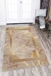 Bej Gold Çerçeveli Kaymaz Tabanlı Dekoratif Halı AR751 Bej Gold Çerçeveli Kaymaz Tabanlı Dekoratif Halı AR751
