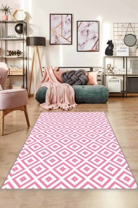 Pembe Karo Kaymaz Taban Makinede Yıkanabilir Halı KR008 Pembe Karo Kaymaz Taban Makinede Yıkanabilir Halı KR008