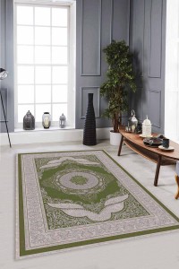 Yeşil Klasik Göbekli Kaymaz Tabanlı Dekoratif Halı MK51