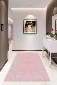 Pembe Çerçeveli Kaymaz Taban Makinede Yıkanabilir Halı MK54