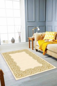 Krem Gold Çerçeveli Kaymaz Tabanlı Dekoratif Halı MK57 Krem Gold Çerçeveli Kaymaz Tabanlı Dekoratif Halı MK57