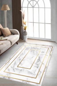 Krem Gold Çerçeveli Kaymaz Tabanlı Dekoratif Halı RV006 Krem Gold Çerçeveli Kaymaz Tabanlı Dekoratif Halı RV006