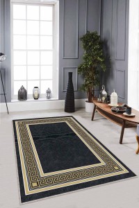 Siyah Gold Çerçeveli Kaymaz Tabanlı Dekoratif Halı RV029 Siyah Gold Çerçeveli Kaymaz Tabanlı Dekoratif Halı RV029
