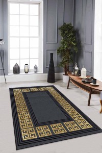 Siyah Gold Çerçeveli Kaymaz Tabanlı Dekoratif Halı RV034 Siyah Gold Çerçeveli Kaymaz Tabanlı Dekoratif Halı RV034